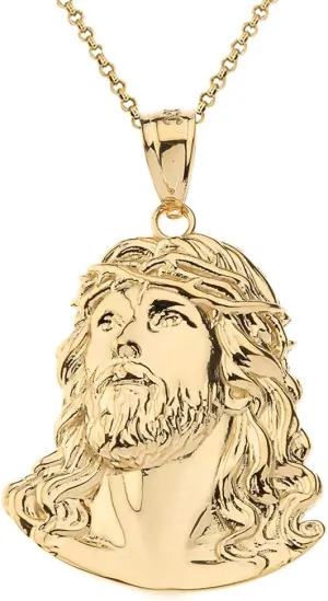 14K Yellow Gold Jesus Face Pendant Charm Necklace - Choice of Size and Chain Length