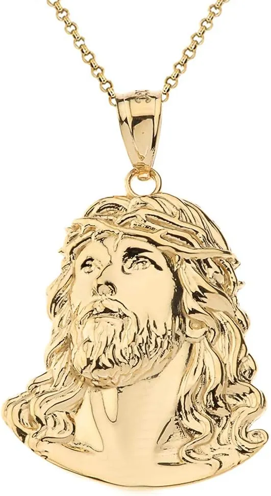 14K Yellow Gold Jesus Face Pendant Charm Necklace - Choice of Size and Chain Length