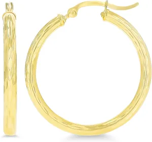 14k Yellow Gold Solid Polished 3mm Thick Diamond Cut Hoop Earrings for Women | Classic Diamond Cut Italian Gold Hoops With Secure Click Top, 20mm-60mm