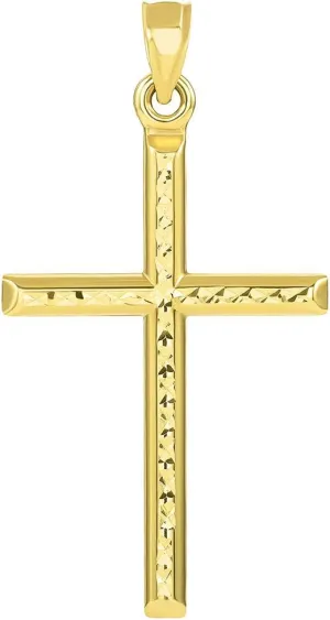 14k Yellow Gold Textured Religious Classic Tube Cross Pendant