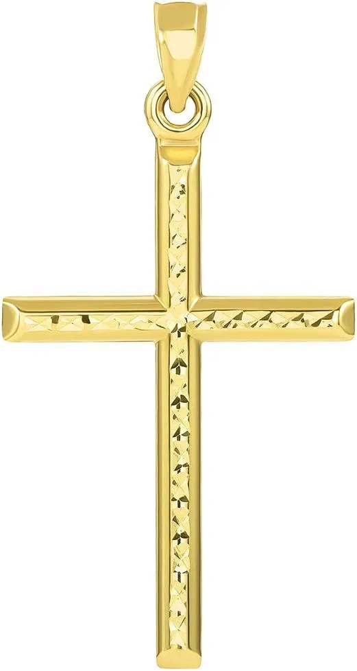 14k Yellow Gold Textured Religious Classic Tube Cross Pendant