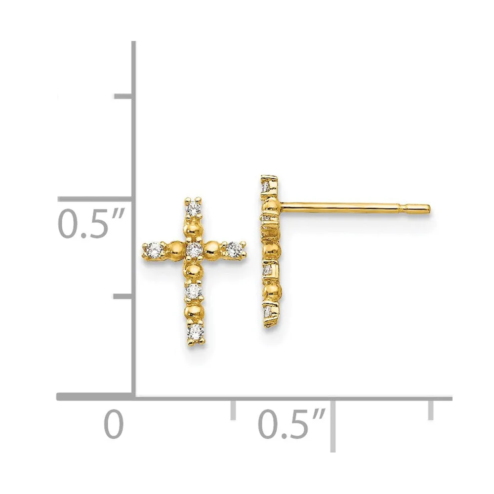 14KT Yellow Gold Cubic Zirconia 10X7MM Childrens Cross Stud Earrings