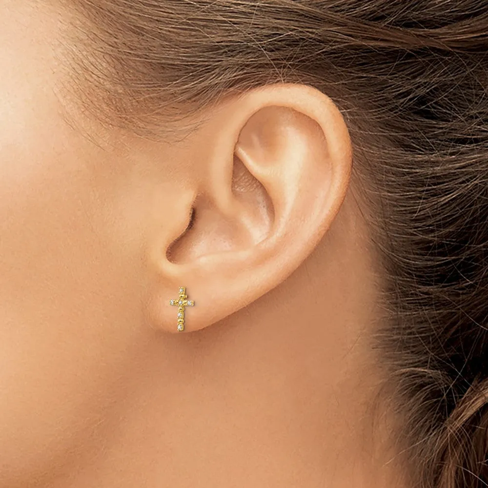 14KT Yellow Gold Cubic Zirconia 10X7MM Childrens Cross Stud Earrings