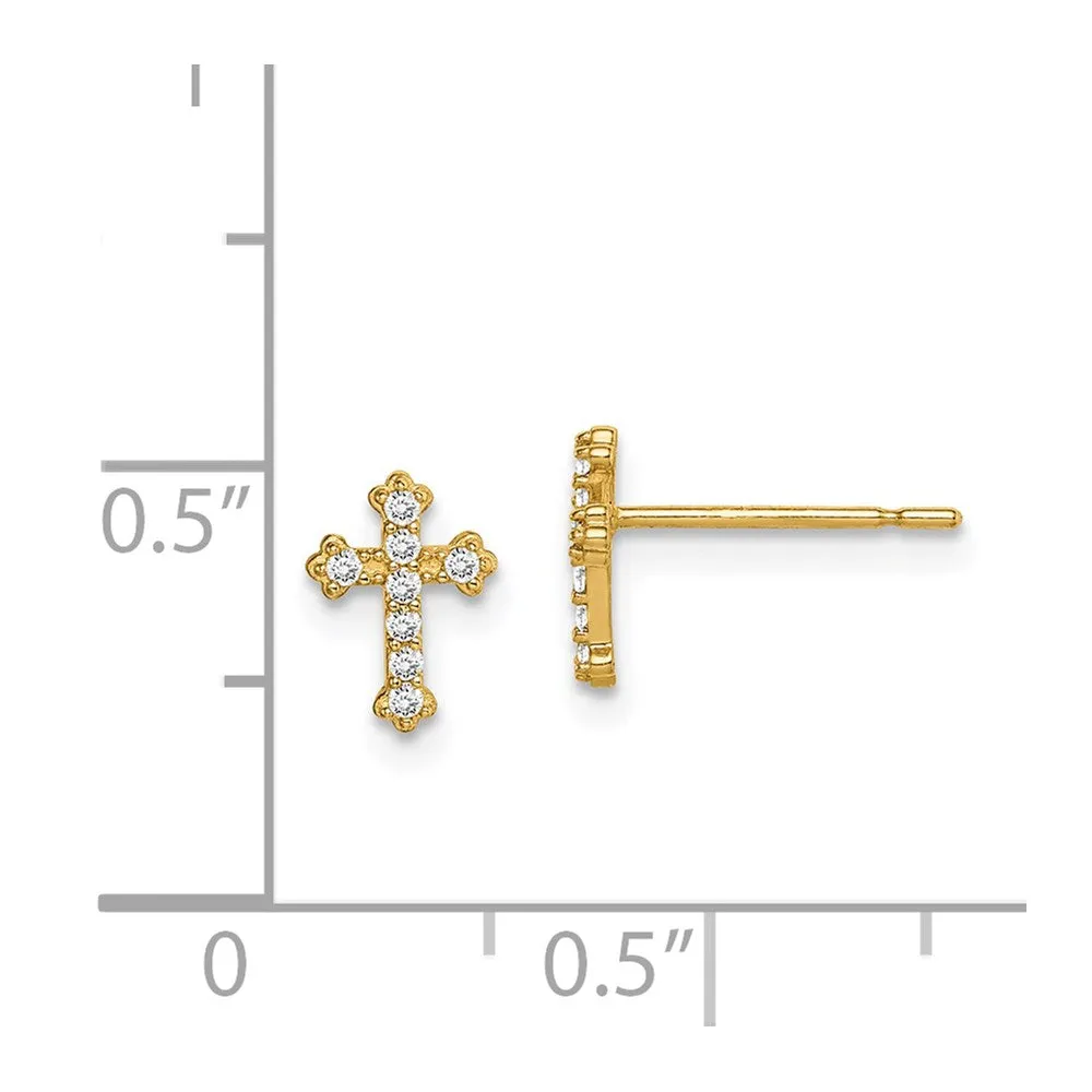 14KT Yellow Gold Cubic Zirconia Childrens Cross Stud Earrings