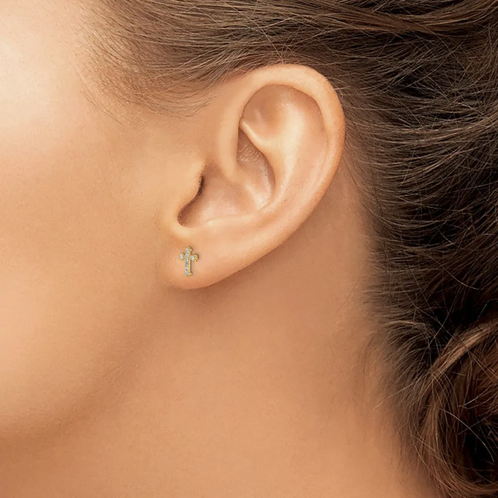 14KT Yellow Gold Cubic Zirconia Childrens Cross Stud Earrings
