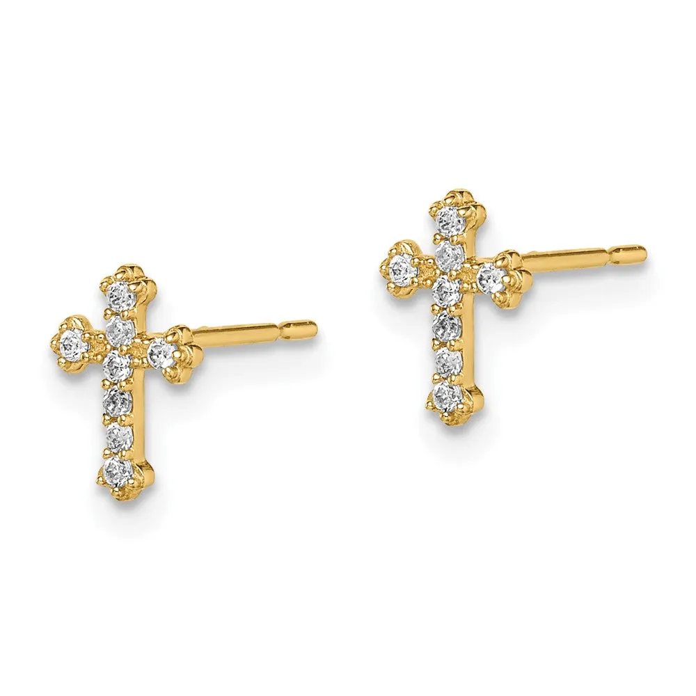 14KT Yellow Gold Cubic Zirconia Childrens Cross Stud Earrings