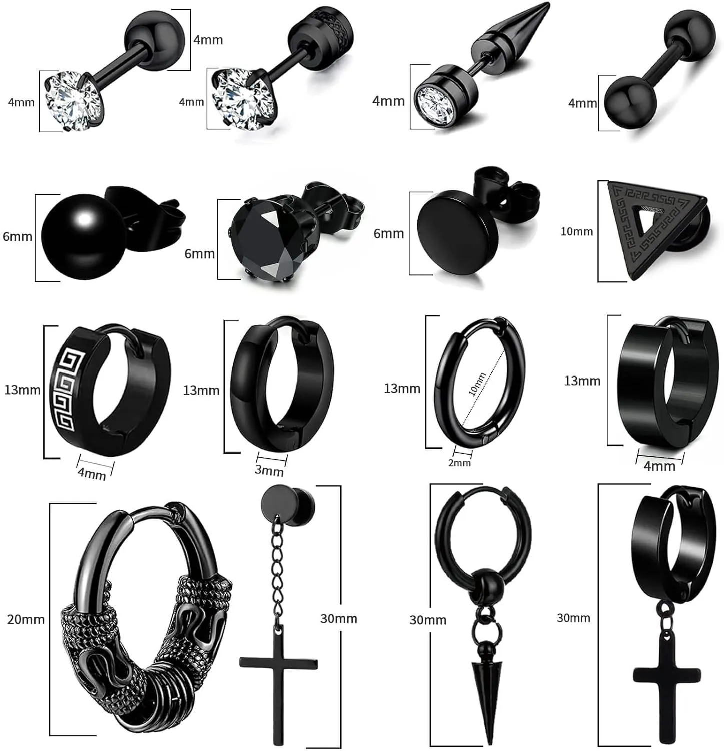 16 Pairs Men Earrings Set - Black Stainless Steel Cross Dangle Hoop & Ear Stud Fashion Piercing Jewelry for Birthdays, Parties & More