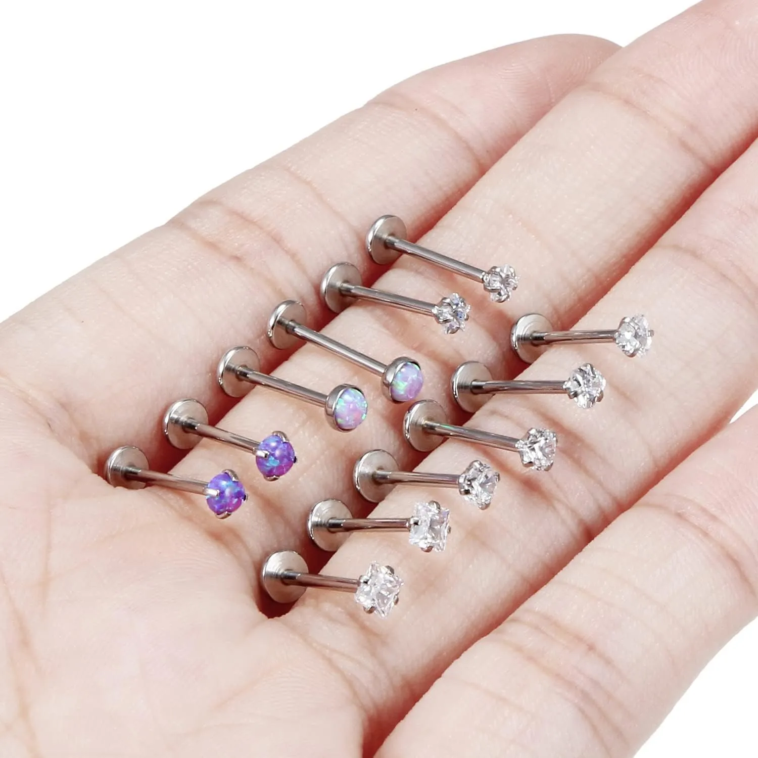 16G 18G 20G Push in Threadless Nose Stud Surgical Steel Medusa Piercing Jewelry Opal & Diamond Lip Rings Labret Jewelry Tragus Helix Cartilage Earrings for Women Men