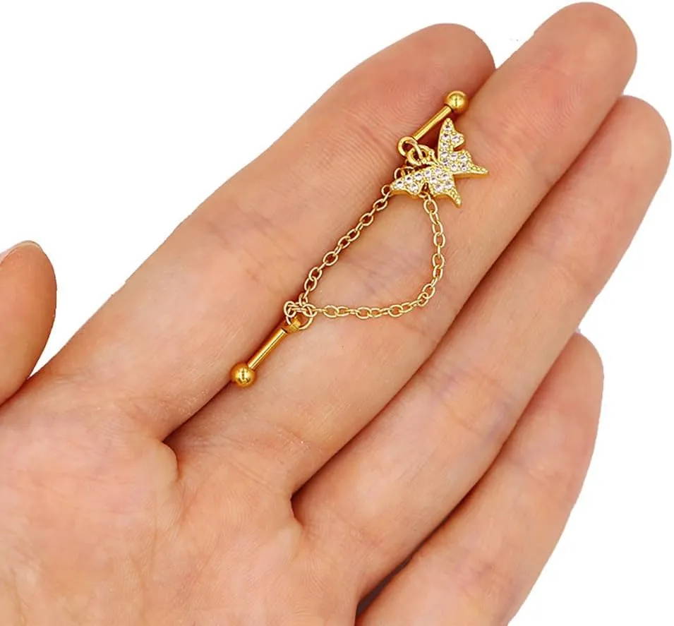 16G Gold Chain Industrial Piercing Jewelry for Women Stainless Steel Industrial Barbell Earrings Double Piercing Cartilage Helix Conch Earrings Body Piercing Jewelry