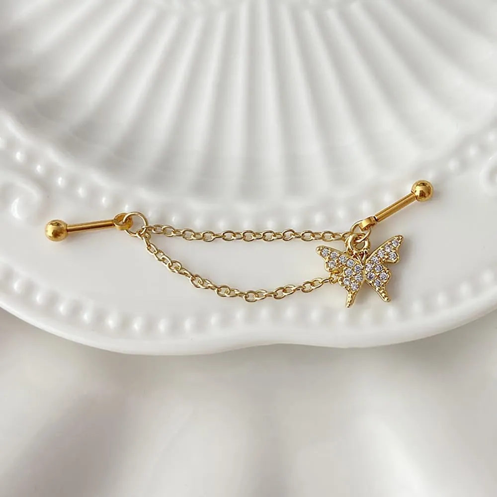 16G Gold Chain Industrial Piercing Jewelry for Women Stainless Steel Industrial Barbell Earrings Double Piercing Cartilage Helix Conch Earrings Body Piercing Jewelry