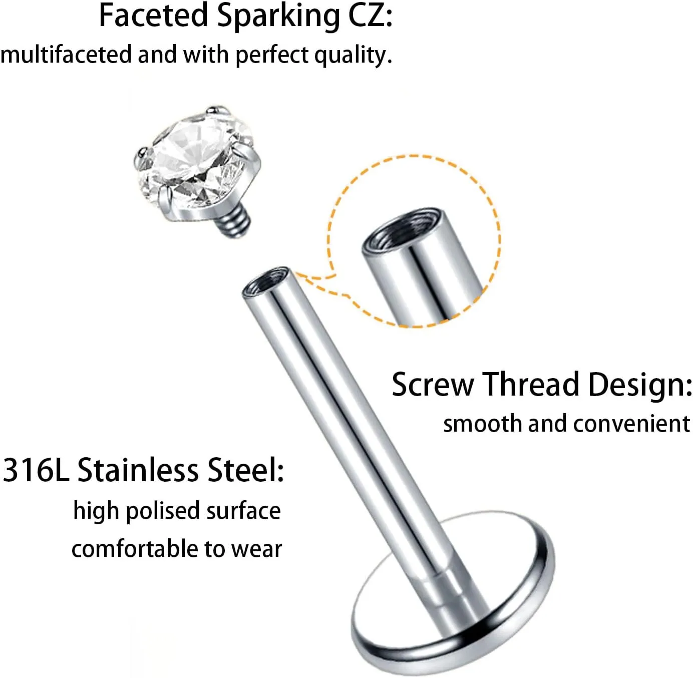 16G Labret Jewelry Internally Threaded Lip Nose Piercing Studs Medusa Ashely Piercing Jewelry Tragus Earring Studs