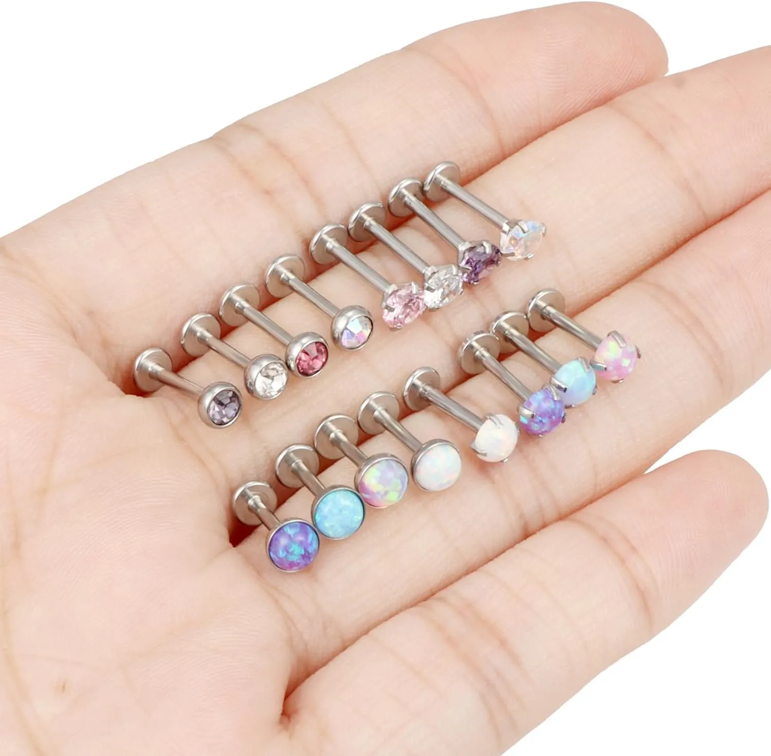 16G Lip Rings for Women Stainless Surgical Steel Labret Jewelry Monroe Lip Ring Medusa Piercing Jewelry Tragus Helix Cartilage Forward Earring Piercing Jewelry for Women CZ Opal Silver 16Pcs
