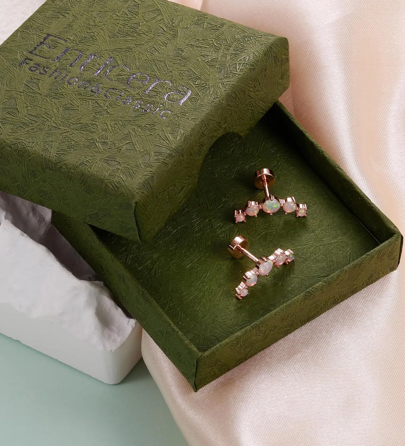 16G Opal Cartilage Earrings for Women 14K Gold Stainless Steel Flat Back Stud Earrings for Sensitive Ear Handmade Cartilage Screw Back Helix Conch Piercing Jewelry (Opal, Rose Gold)