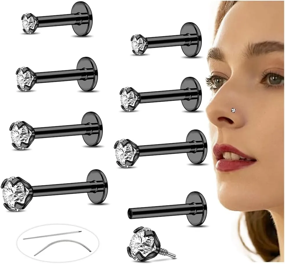 16G/18G Flat Back Earrings Studs Internal Thread Nose Stud CZ Nose Rings for Women Men Surgical Steel Lip Rings Labret Tragus Nostril Helix Cartilage Piercing Jewelry