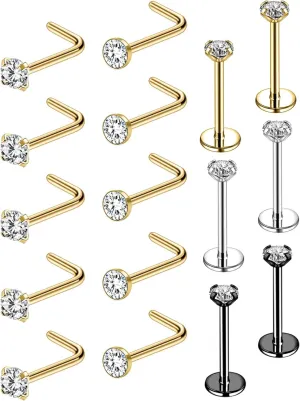 16Pcs 20G Nose Ring Surgical Steel Nose Rings Studs Piercing 1.5mm 2mm 2.5mm 3mm CZ L Shaped Corkscrew Nose Rings Gold Black Silver Threadless Push in Nose Stud Rings for Women Nose Piercing