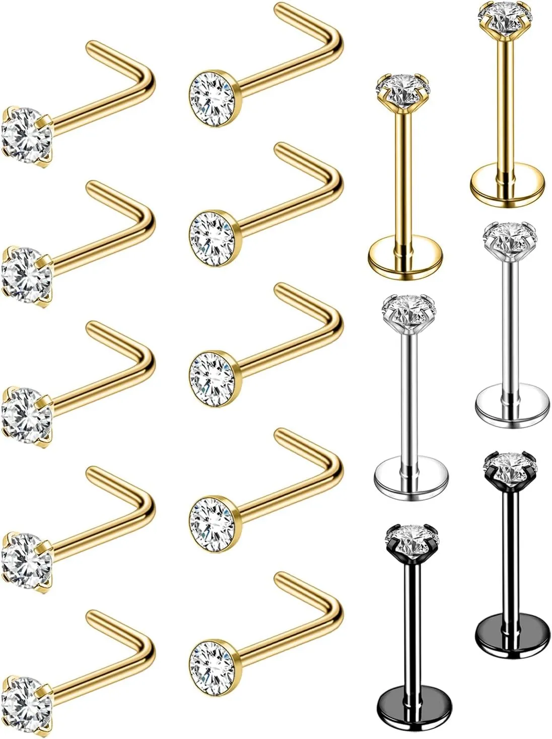 16Pcs 20G Nose Ring Surgical Steel Nose Rings Studs Piercing 1.5mm 2mm 2.5mm 3mm CZ L Shaped Corkscrew Nose Rings Gold Black Silver Threadless Push in Nose Stud Rings for Women Nose Piercing
