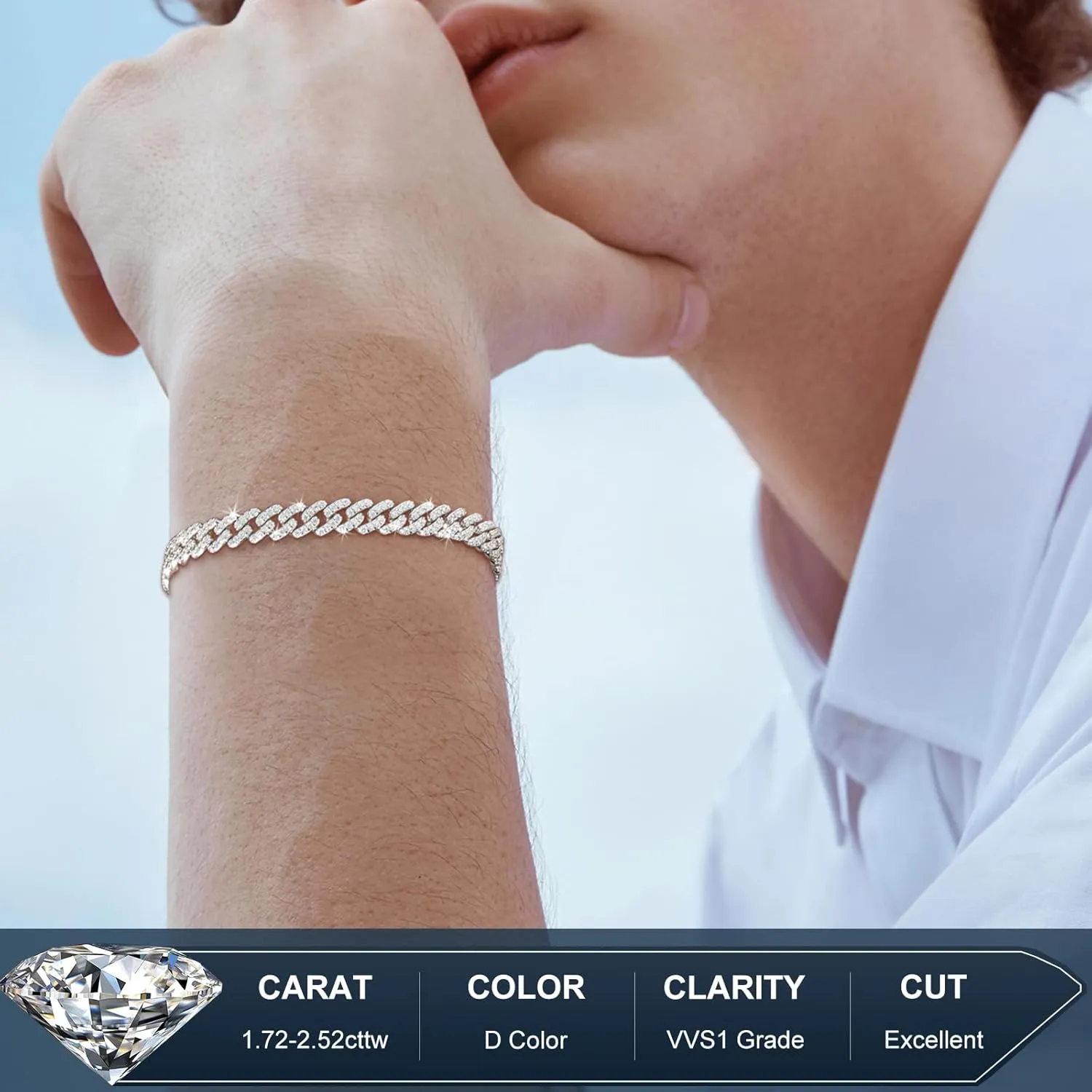 1.72-2.52 Carats Moissanite Bracelet for Men, 6MM Moissanite Cuban Bracelet 18K White Gold Plated 925 Sterling Silver Simulated Diamond Cuban Link Bracelet D Color VVS1 Round Cut Bling Iced Out Miami Link Bracelet w/ Box Clasp 6-9 Inch