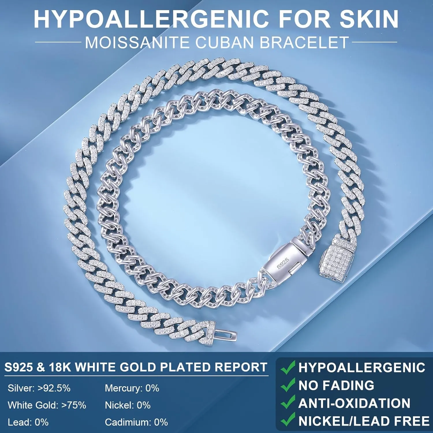 1.72-2.52 Carats Moissanite Bracelet for Men, 6MM Moissanite Cuban Bracelet 18K White Gold Plated 925 Sterling Silver Simulated Diamond Cuban Link Bracelet D Color VVS1 Round Cut Bling Iced Out Miami Link Bracelet w/ Box Clasp 6-9 Inch
