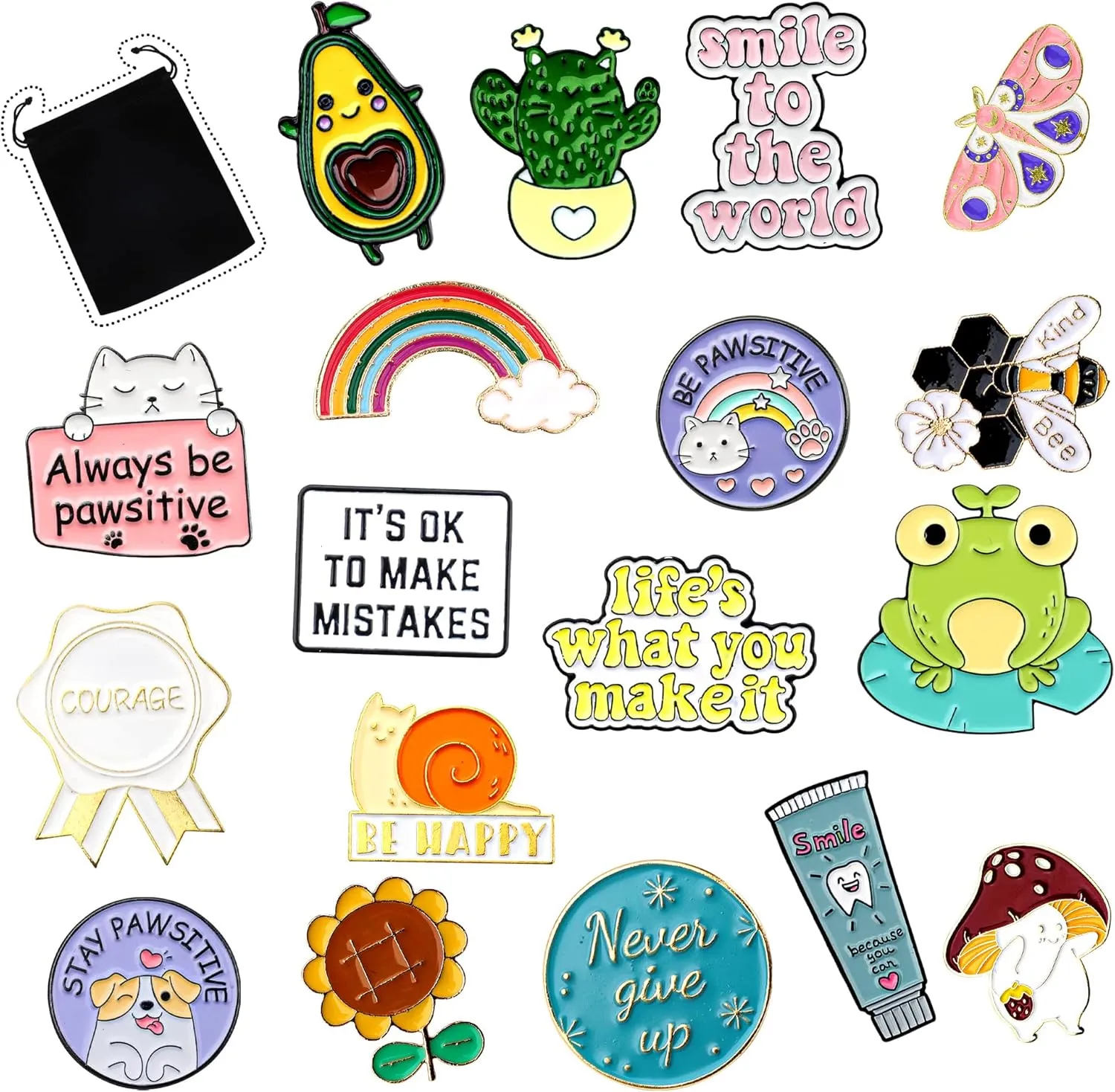 18 Pieces Positive Enamel Pins Set Cute Enamel Lapel Pins Inspirational Cartoon Brooch Pin Badges Butterfly Cat Cactus Positive Pin with Storage Bag for Women Jeans Backpacks Jackets Hats Decor