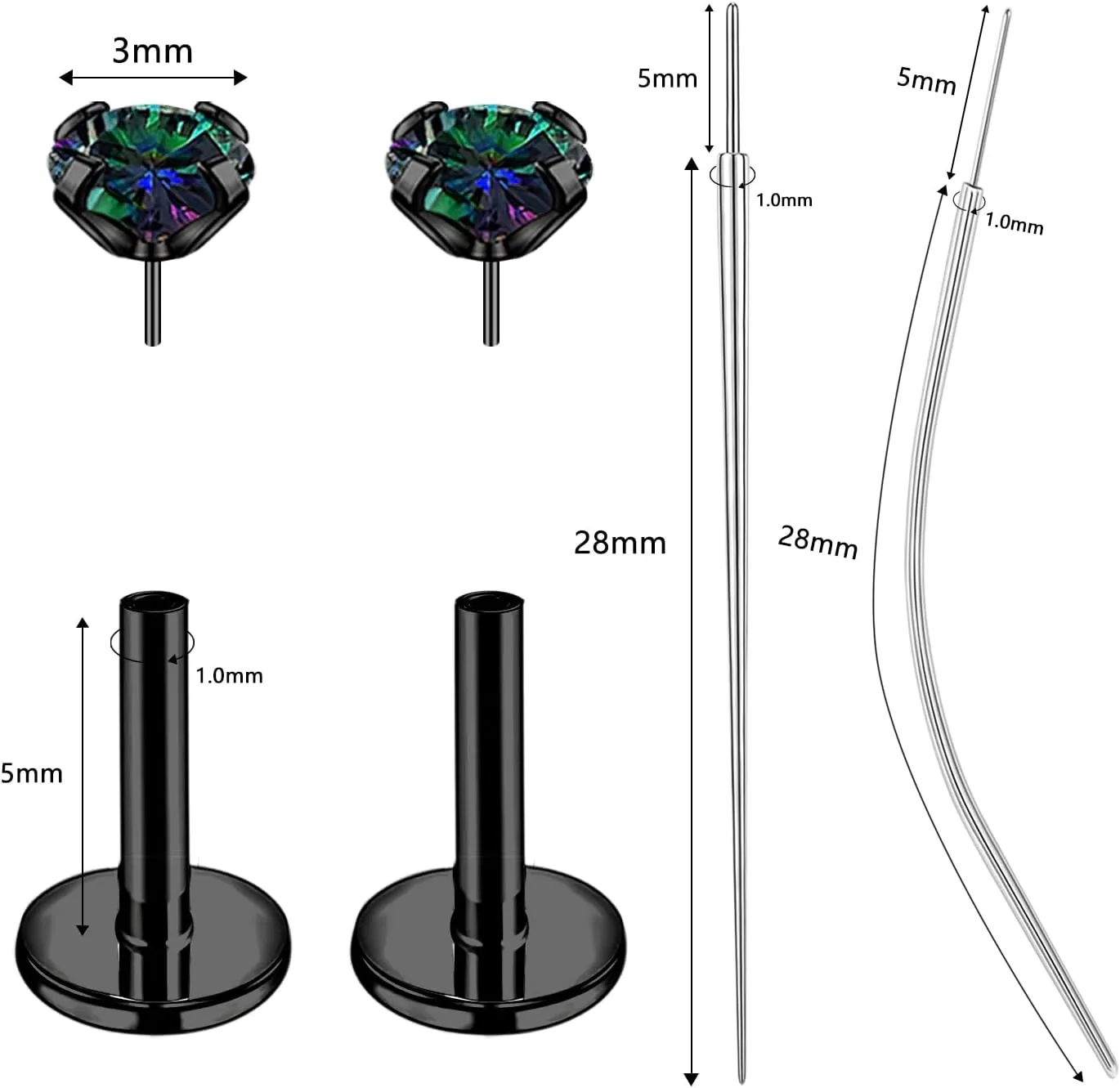 18G/20G Threadless Push in Nose Studs Surgical Steel Labret Piercing Jewelry for Tragus Monroe Lip Helix Cartilage Earrings Studs for Women Men, Black