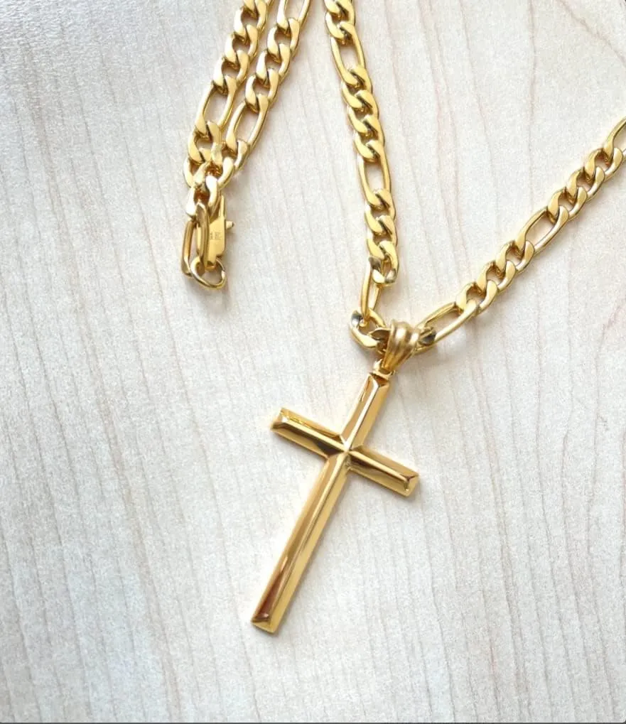 18K Gold Figaro Chain Style Cross Pendant Necklace 5MM Cross Necklace Clasp for MEN, HUSBAND Thin for Charms Miami Cuban Link Diamond Cut Religious Beveled Edge