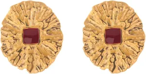 18K Gold Plated Vintage Textured Stud Earrings for Women  Retro Hammered Disc with Red Center Stone  Statement Chunky Earrings  Classic Bold Jewelry Gift