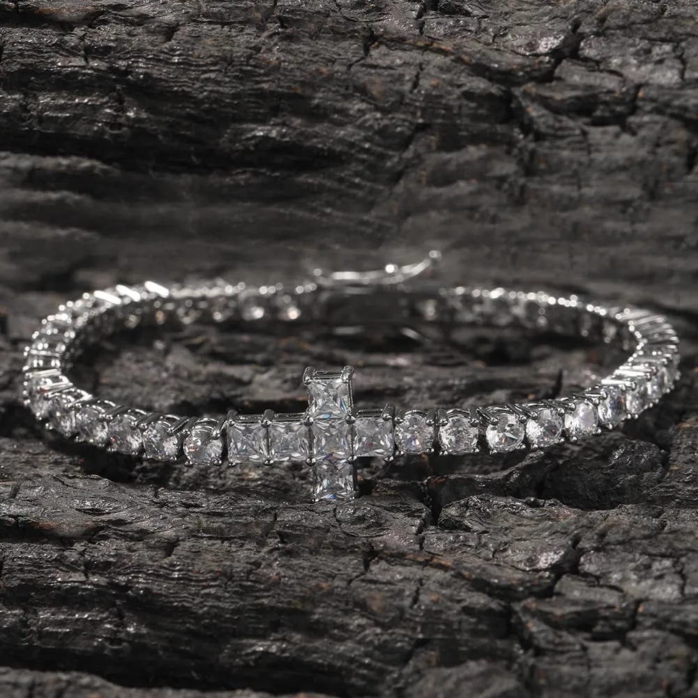 18k White Gold Plated CZ Tennis Bracelet Cross 4mm Cubic Zirconia Diamond Bracelet For Women Men Charm