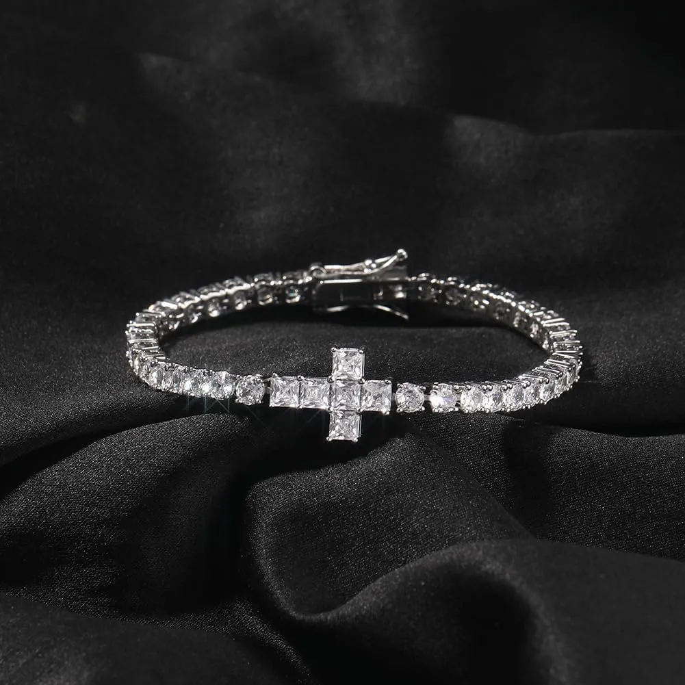 18k White Gold Plated CZ Tennis Bracelet Cross 4mm Cubic Zirconia Diamond Bracelet For Women Men Charm