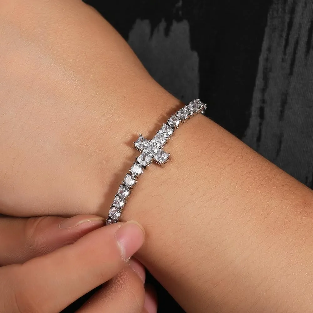 18k White Gold Plated CZ Tennis Bracelet Cross 4mm Cubic Zirconia Diamond Bracelet For Women Men Charm
