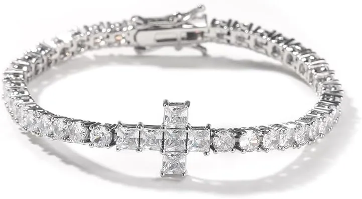 18k White Gold Plated CZ Tennis Bracelet Cross 4mm Cubic Zirconia Diamond Bracelet For Women Men Charm