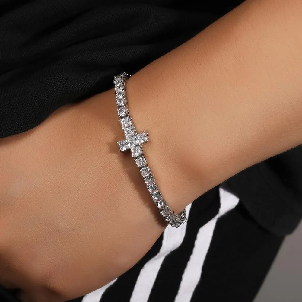 18k White Gold Plated CZ Tennis Bracelet Cross 4mm Cubic Zirconia Diamond Bracelet For Women Men Charm
