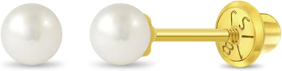 18k Yellow Gold 3mm-6mm Girls' Classic Cultured Pearl Safety Screw Back Earrings - Freshwater Cultured Pearl Earrings for Infants, Toddlers, Little Girls, and Teens