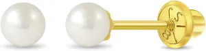 18k Yellow Gold 3mm-6mm Girls' Classic Cultured Pearl Safety Screw Back Earrings - Freshwater Cultured Pearl Earrings for Infants, Toddlers, Little Girls, and Teens