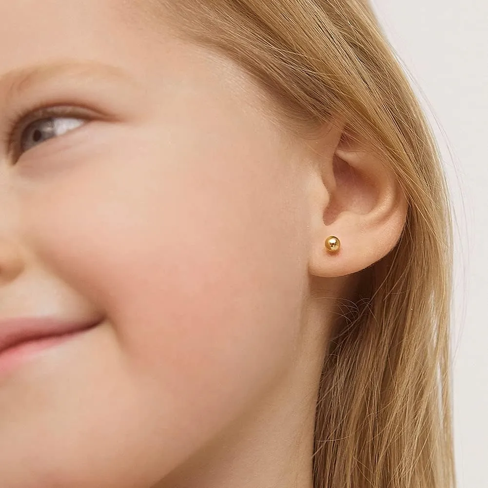 18k Yellow Gold Classic Ball Safety Screw Back Stud Earrings for Babies, Infants, Toddlers, and Little Girls 3mm-5mm - Traditional Plain Ball 18k Gold Stud Earrings for Baby Girls