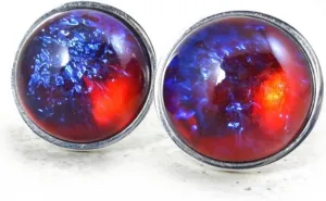 18mm Stainless Steel Synthetic Mexican Opal Czech Glass Cuff Links Dragons Breath Red Blue Color Changing
