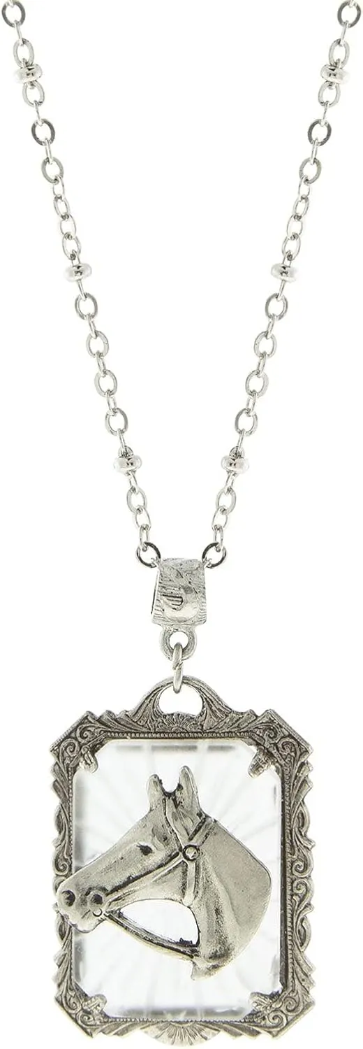 1928 Jewelry Vintage Style Lalique Rectangle Glass Horse Head Pendant Necklace 24 Inch, Equestrian Jewellery For Women