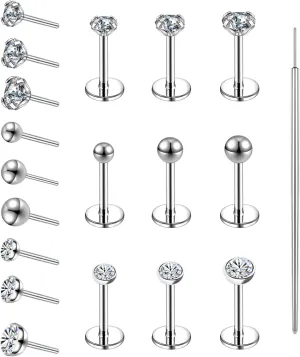 19pcs Nose Rings Studs, 20/18G 316L Surgical Stainless Steel Lip Rings Labret Jewelry Cartilage Tragus Helix Earrings Monroe Medusa Piercing Jewelry for Women Men