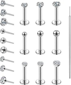 19pcs Nose Rings Studs, 20/18G 316L Surgical Stainless Steel Lip Rings Labret Jewelry Cartilage Tragus Helix Earrings Monroe Medusa Piercing Jewelry for Women Men