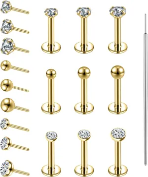 19pcs Nose Rings Studs, 20/18G 316L Surgical Stainless Steel Lip Rings Labret Jewelry Cartilage Tragus Helix Earrings Monroe Medusa Piercing Jewelry for Women Men