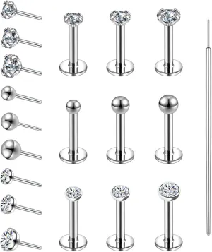 19pcs Nose Rings Studs, 20/18G 316L Surgical Stainless Steel Lip Rings Labret Jewelry Cartilage Tragus Helix Earrings Monroe Medusa Piercing Jewelry for Women Men