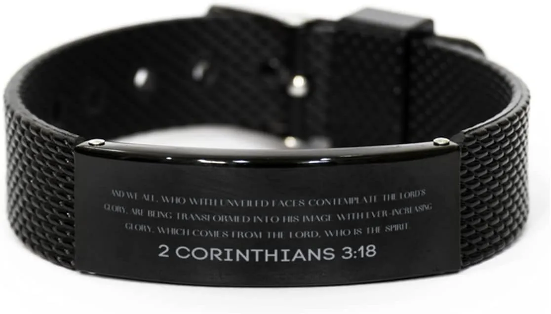 2 Corinthians 3:18 Christian Black Shark Mesh Bracelet Gifts, Faith Message Prayer 2 Corinthians 3:18 Religious Bracelets for Women Men 2 Corinthians 3:18 Bible Verse Inspirational Mantra Adjustable