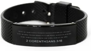 2 Corinthians 3:18 Christian Black Shark Mesh Bracelet Gifts, Faith Message Prayer 2 Corinthians 3:18 Religious Bracelets for Women Men 2 Corinthians 3:18 Bible Verse Inspirational Mantra Adjustable