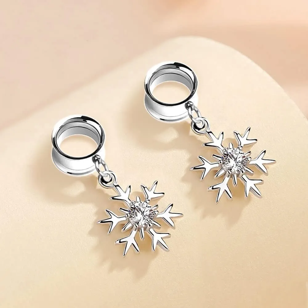 2 PCS 316L Stainless Steel Ear Gauges with Snowflake Pendant - Hypoallergenic Ear Plugs & Tunnels for Stretched Earlobes, Body Piercing Jewelry for Men Women (Daily/Events)