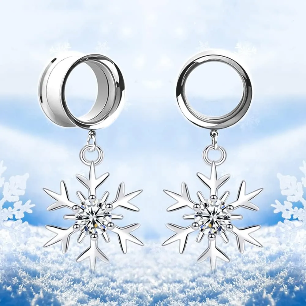 2 PCS 316L Stainless Steel Ear Gauges with Snowflake Pendant - Hypoallergenic Ear Plugs & Tunnels for Stretched Earlobes, Body Piercing Jewelry for Men Women (Daily/Events)