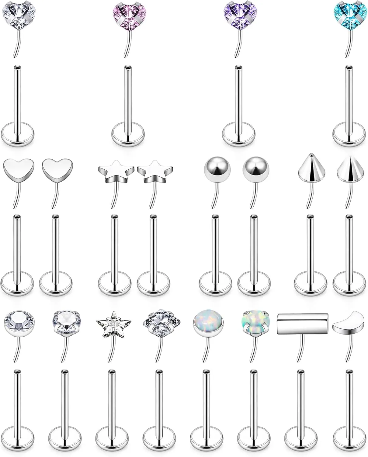 20/18g Threadless Push Pin Nose Stud Rings Flat Back Comfy Ear Cartilage Tragus Forward Helix Earrings Piercings Jewelry With Flatback for Women Hypoallergenic Surgical Stainless Steel