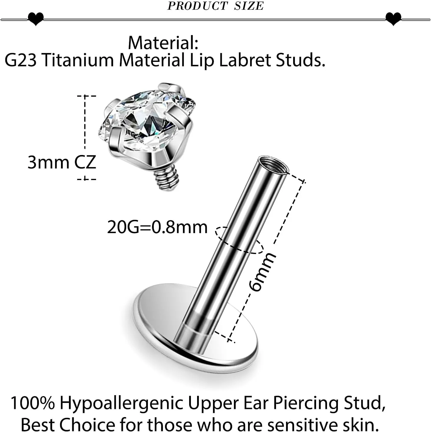 20G 18G 16G 14G ASTM F136 Titanium Surgical Steel Internal Thread Flat Back Earrings Lip Rings Labret Medusa Helix Tragus Cartilage Earring stud Piercing Jewelry for Women Men Silver Gold