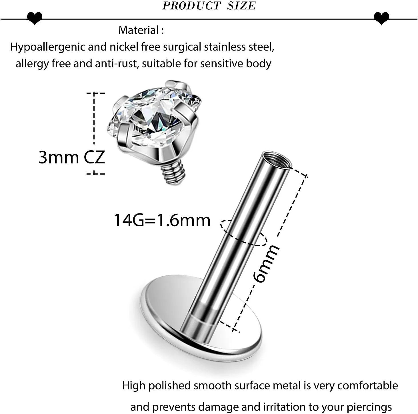 20G 18G 16G 14G ASTM F136 Titanium Surgical Steel Internal Thread Flat Back Earrings Lip Rings Labret Medusa Helix Tragus Cartilage Earring stud Piercing Jewelry for Women Men Silver Gold