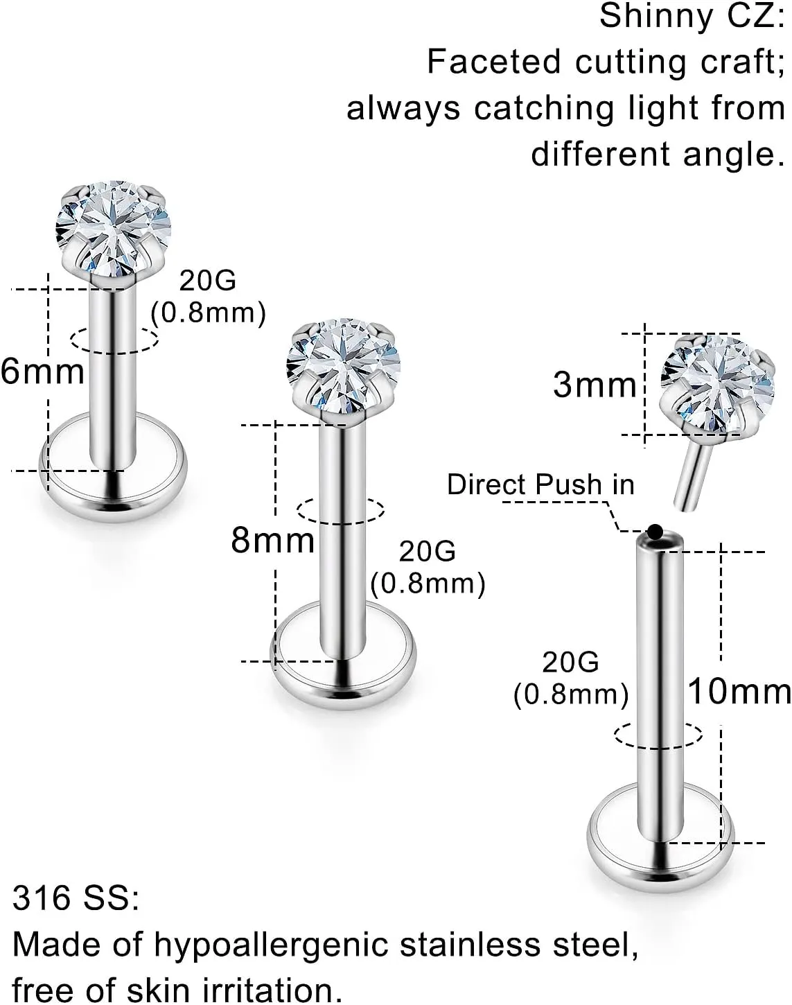 20G 18G 16G Threadless Nose Stud Tragus Piercing Jewelry Surgical Steel Lip Rings Push in Labret Medusa Piercing Jewelry for Women Men