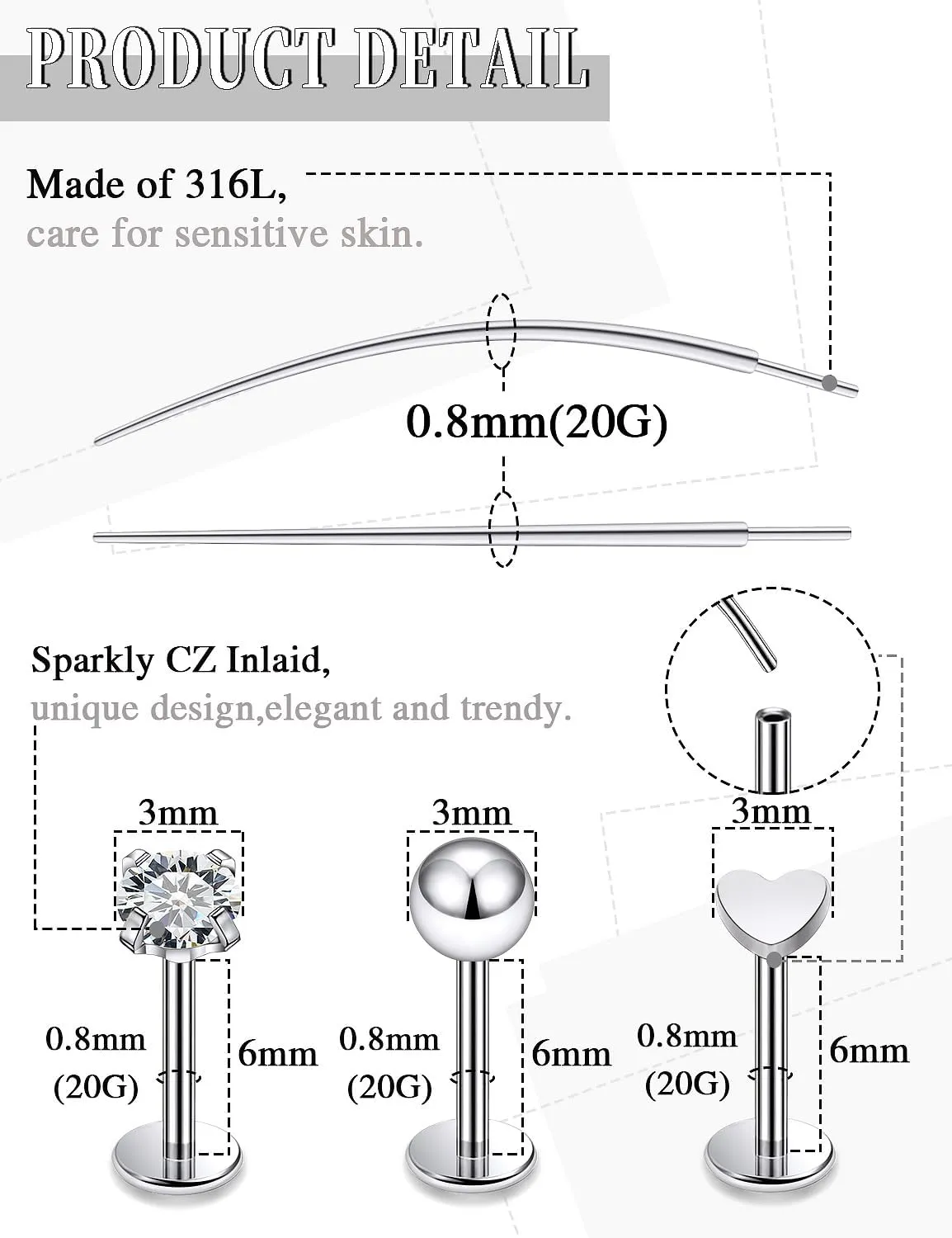 20G 18G 16G Threadless Push in Nose Studs CZ Nose Ring Flat Back Stud Earrings 316L Surgical Steel Tragus Helix Cartilage Earrings Lip Piercing Jewelry For Women Men