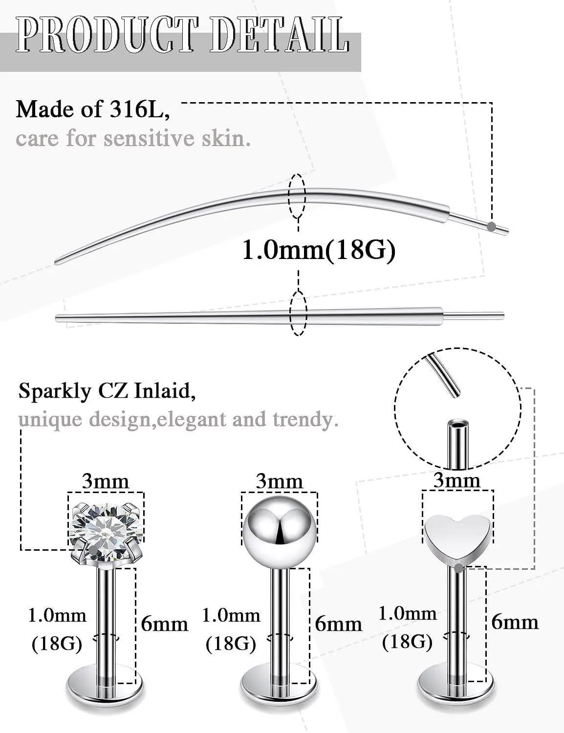 20G 18G 16G Threadless Push in Nose Studs CZ Nose Ring Flat Back Stud Earrings 316L Surgical Steel Tragus Helix Cartilage Earrings Lip Piercing Jewelry For Women Men